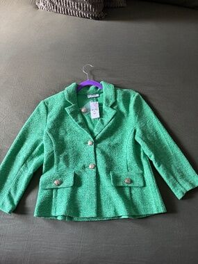 NWT Suzy Shier Green Tweed 2-Piece Set - Blazer & Chain Detail Skirt - Size M